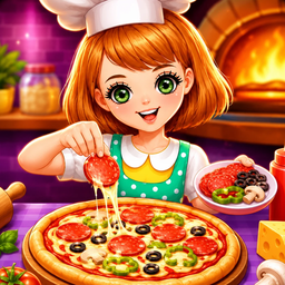 Tiny Chef Kitchen icon: a young chef placing toppings on a pizza